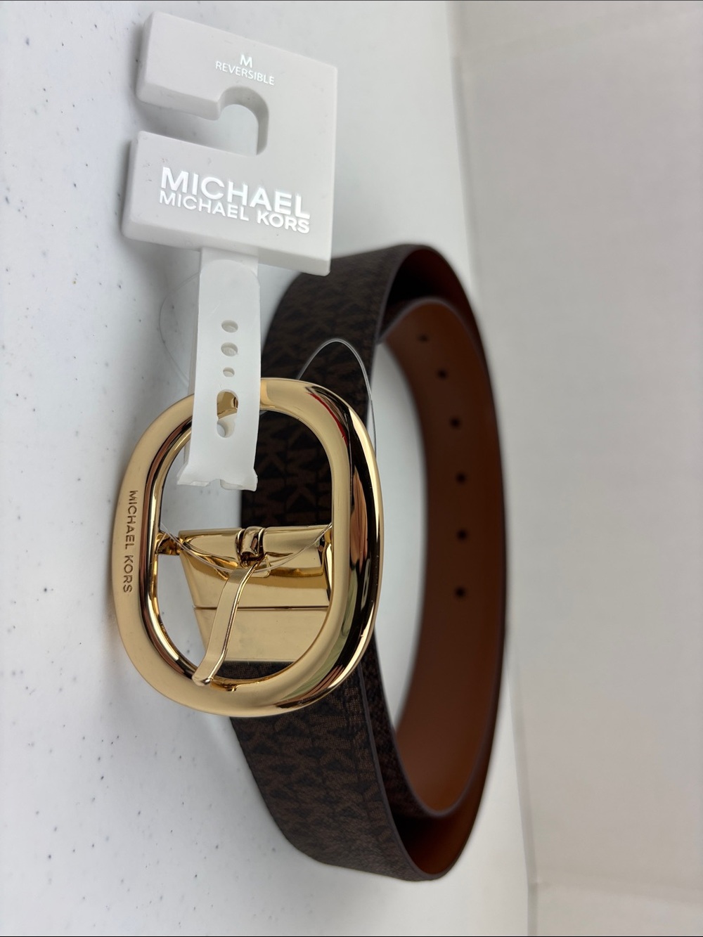 Michael Kors Brown Logo Reversible Belt with Gold Buckle women’s medium